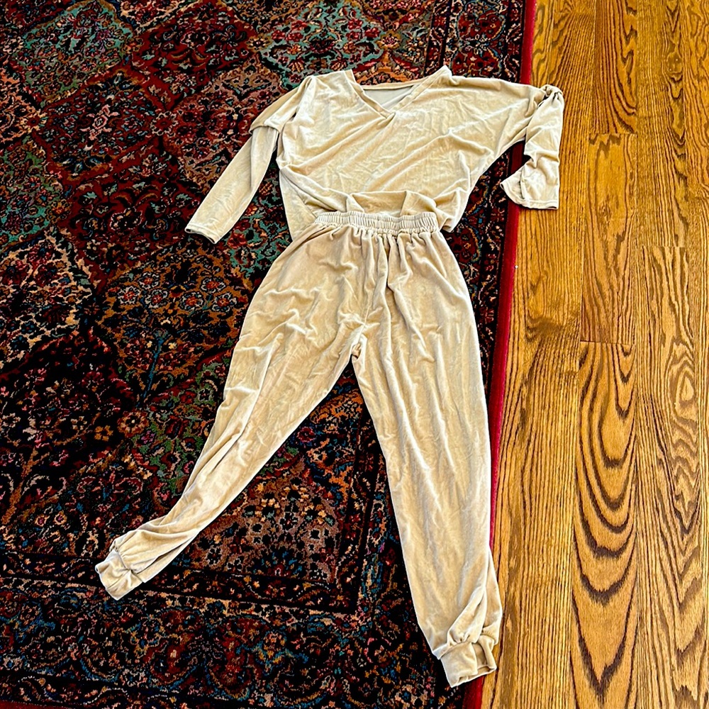 Champagne color velour Amazon paint suit. Vneck